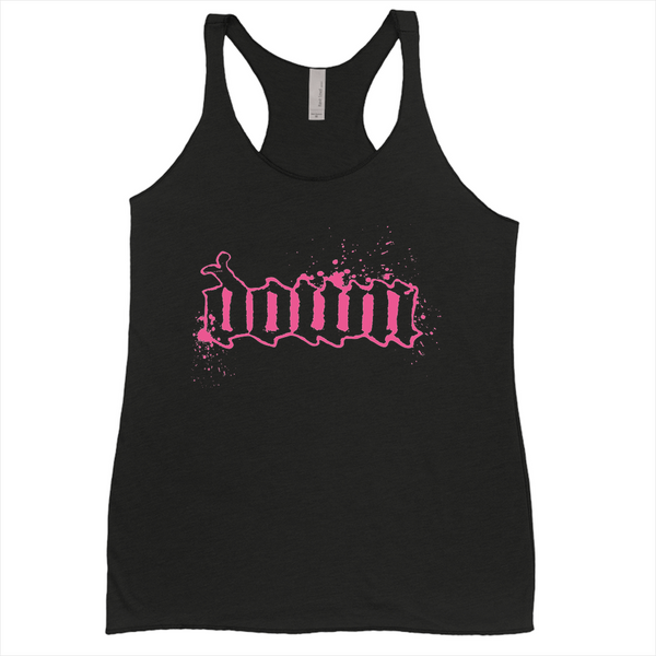 DOWN Womens Pink Splatter Logo Black Tank